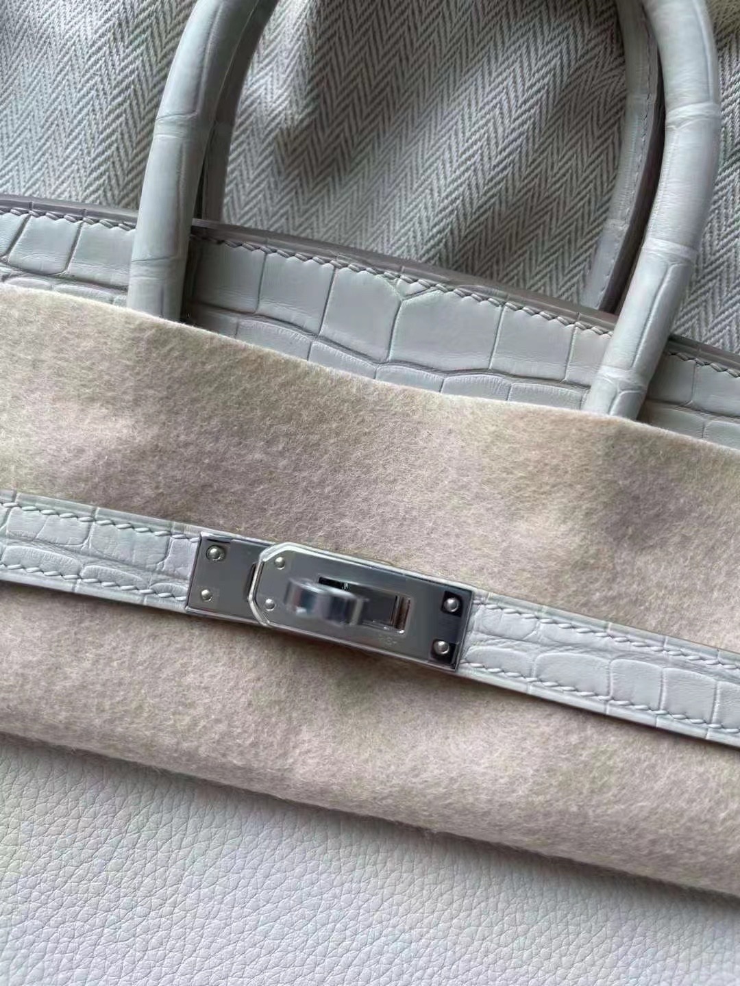 에르메스 버킨백25 화이트 은장 악어가죽 핸들